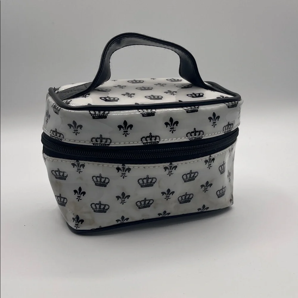 CROWN AND FLEUR-DE-LIS PRINT COSMETIC BAG WITH HANDLE ZIP CASE